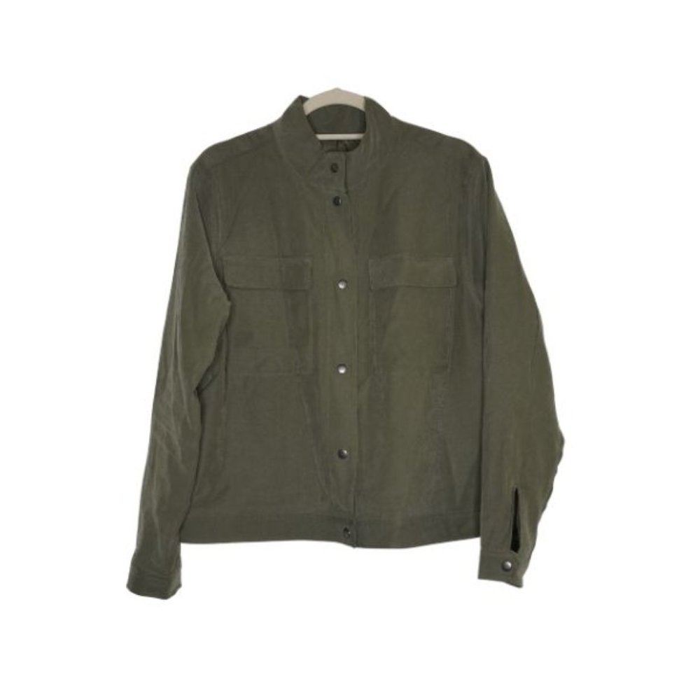 Old Navy Soft Utility Jacket Size L Pockets Snap Buttons Lined Olive Green